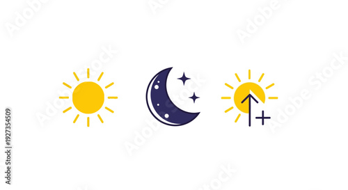 Day and Night Cycle Icons: Sun, Moon, Stars, and Brightness Adjustment