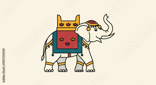 Flat design vector illustration of large elephant ready to ride, side view, calm expression, detailed saddle and decorative cloth on back, bright natural colors, isolated on white background, clean mo