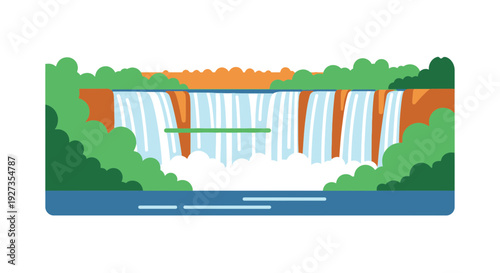 Flat design vector illustration of a massive waterfall flowing from high cliff into river below, lush green forest surroundings, blue sky, clean shapes, bright natural color palette, modern flat style