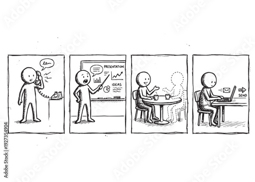 Business meeting presentation, phone call, coffee chat, sending email at work