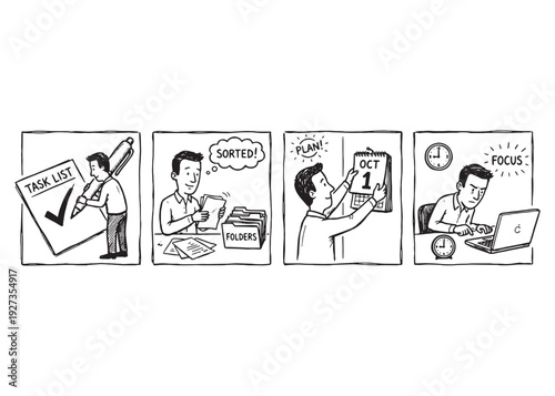 Professional man managing daily tasks with productivity tools and focus session