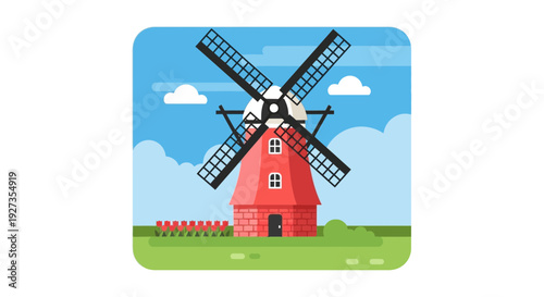 minimal vector flat color Dutch Windmill Scene