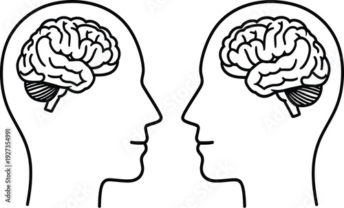 Two human heads facing each other with brains visible in profile view