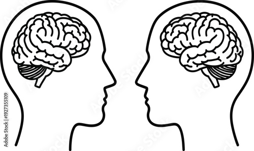 Two human heads facing each other with brains visible inside skulls in profile view