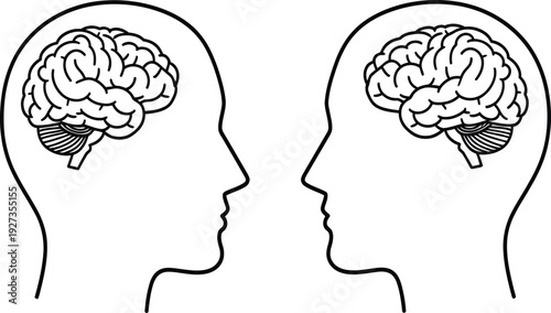 Two human heads with brains facing each other in profile view