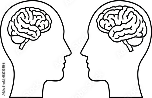 Two human head silhouettes facing each other with brains visible inside