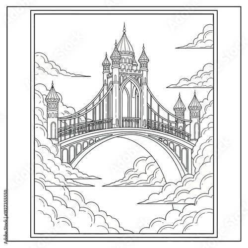 Gothic style bridge with towers and spires in a cloudy sky clouds