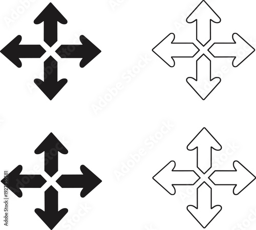 Set of four way arrow icons for navigation, multidirectional move symbols, expansion pointers, interface orientation signs, and vector directional compass.