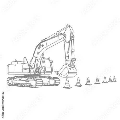 Large Excavator Machine with Extended Arm and Traffic Cones in Line construction machinery heavy equipment
