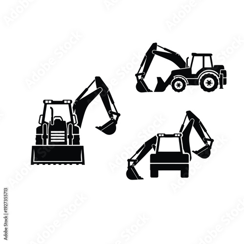 Three black and white backhoe loaders in different positions on a white background construction equipment
