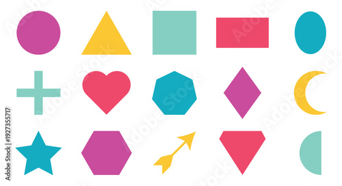Vector Basic Shapes Collection with Geometric Polygon Elements, Diamond, Circles, Hexagon and Triangle Flat Style Illustration