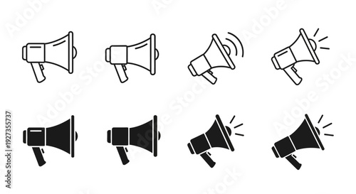 Collection of megaphone icons in various styles and orientations, showcasing different designs and visual effects on a clean background