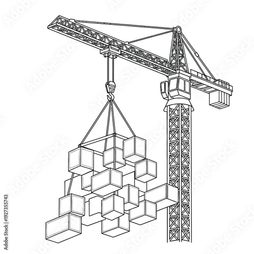 Tower crane lifting concrete blocks on a construction site in a black and white line black and white