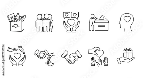 A set of icons representing choice and interaction, including people and symbolic gestures, in a simple line art style on a plain background, viewed from a straightforward perspective.