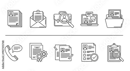Collection of icons representing office documents and communication, displayed in a grid, vector illustrations, simple line art, office supplies and digital media icons, modern office environment