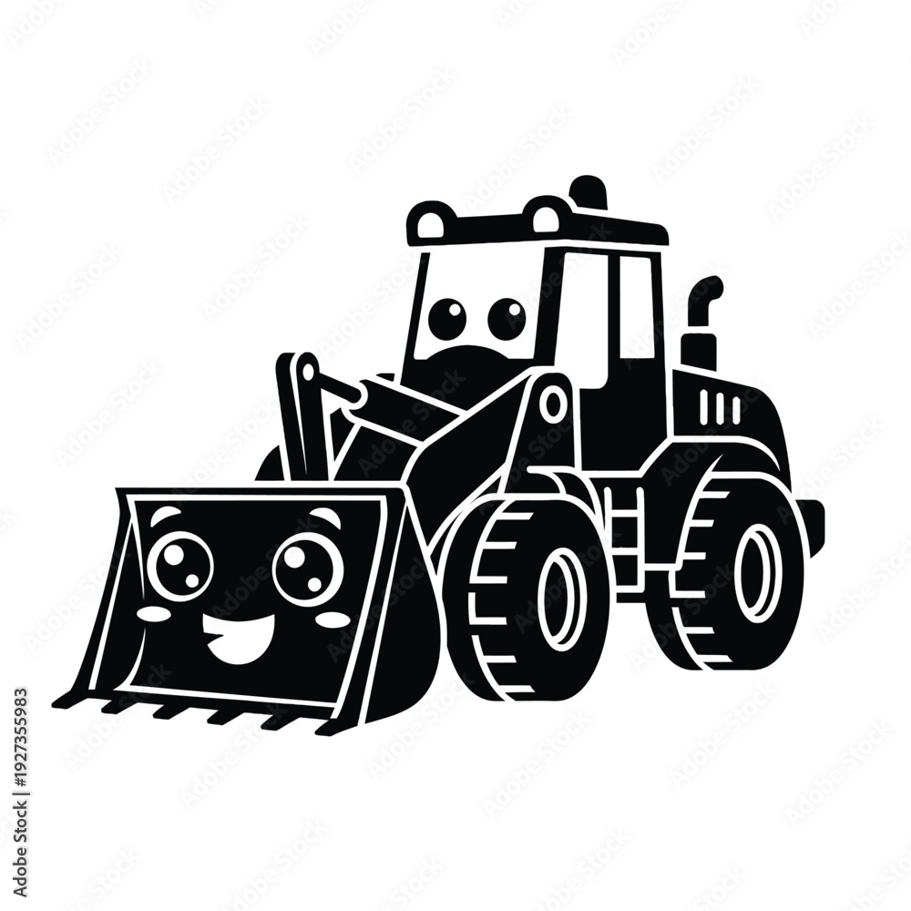 Obraz premium Black and white cartoon backhoe loader with smiling face and bucket construction vehicle