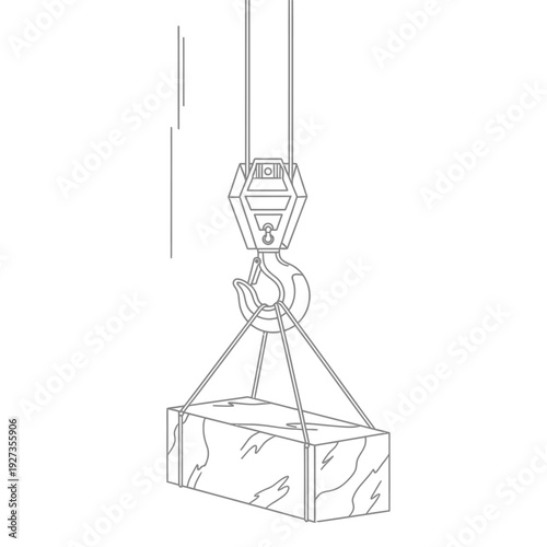 A crane hook lifting a rectangular concrete block with a textured surface