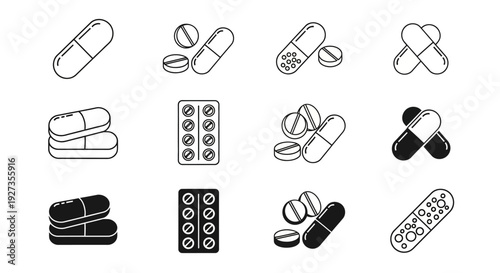 Collection of various medicine icons in black and white, including capsules and pills, presented in a grid layout