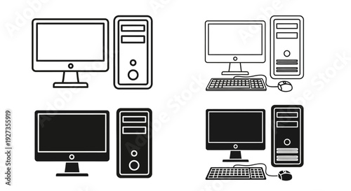 Various computer icons and symbols displayed in different styles and layouts on a digital canvas, showcasing monitor, CPU, and keyboard representations.