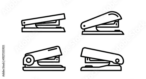 Collection of stapler icons in various views on a clean white background, showcasing office supplies