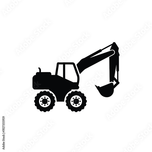 Black and white backhoe loader with extended arm and bucket construction vehicle machinery
