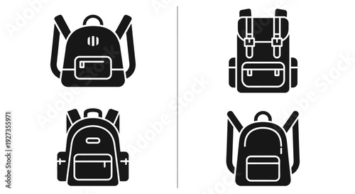 Collection of various backpack icons displayed in a grid layout, showcasing different designs and styles.