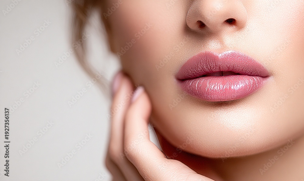 Fototapeta premium Close-up of a woman's full lips with glossy pink lipstick and a delicate hand touch