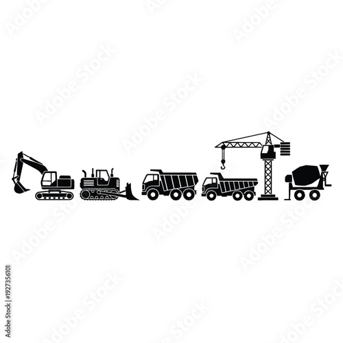 Black and white construction equipment including excavator bulldozer dump truck crane and concrete mixer