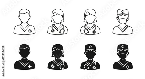 Medical professionals icons set in various uniforms and masks from different viewpoints
