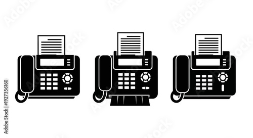 Collection of fax machines with paper icons displayed from different viewpoints on a clean background