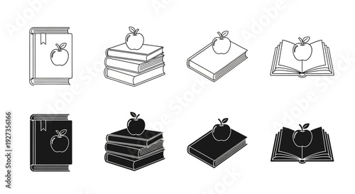 Collection of icons depicting books and awards displayed on various surfaces in a simple vector art style