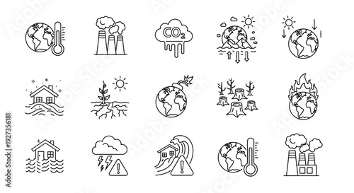 Collection of icons representing global environmental issues and natural disasters from various viewpoints