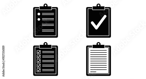 Collection of clipboard icons in various states of document processing displayed on a clean white background viewed from directly above