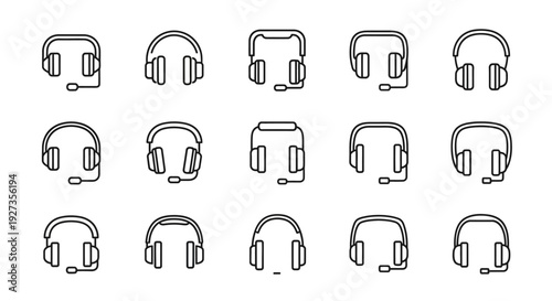 Collection of various headset icons displayed in a grid pattern on a clean background, showcasing different designs and styles from various viewpoints