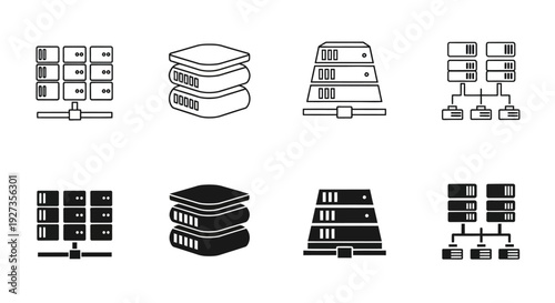 A collection of icons representing databases and servers displayed in various styles and formats