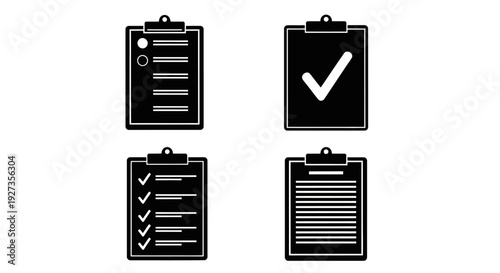 Collection of clipboard icons representing checklist and approval process in a simple vector illustration