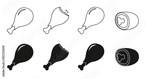 Collection of chicken leg icons in various styles and views, showcasing food illustrations