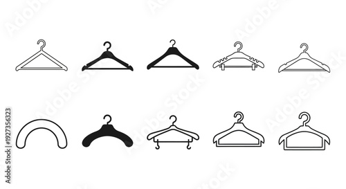 Collection of various coat hangers displayed in a grid arrangement on a plain white background viewed from directly above