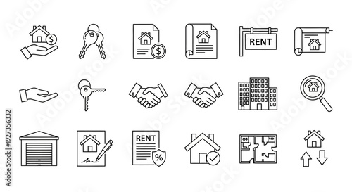 Collection of simple line icons representing real estate concepts and actions displayed on a clean background in a grid view