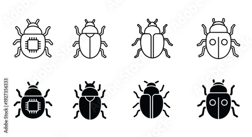 Collection of beetle icons in various styles and designs on a clean background, showcasing different views and graphical representations.