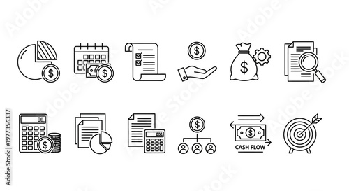 Collection of financial icons representing various aspects of money management and transactions in a simple line art style