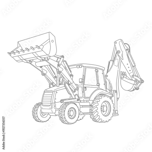 Black and white line of a backhoe loader with raised bucket and arm construction vehicle line black and white