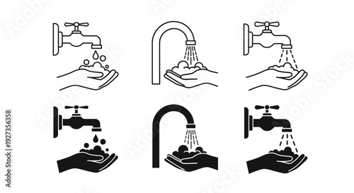Collection of faucet icons in various styles and views showcasing water flow