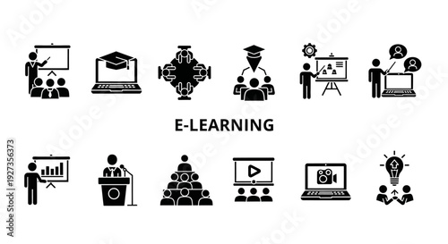 Collection of e-learning icons representing education and technology concepts in a simple graphic style