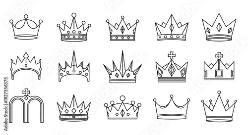 Collection of various crown icons displayed in a grid arrangement, showcasing different designs and styles, vector illustrations