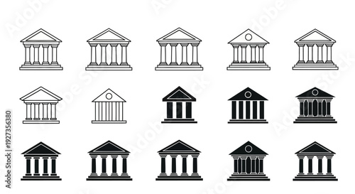 Collection of ancient temple icons in various styles and silhouettes displayed together