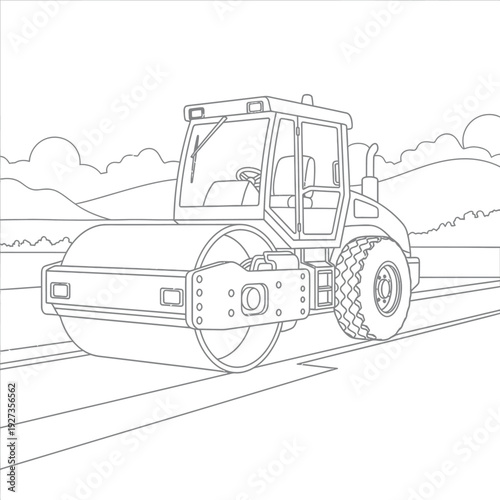 Black and white line of a road roller machine on a paved surface with a background of hills and clouds
