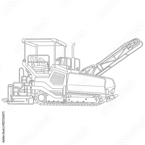 Black and white line of a large road paver machine with a driver cabin and extended screed line road paver