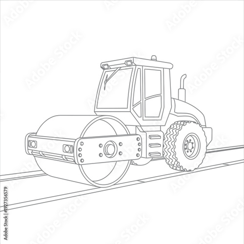 Black and white line of a road roller machine on a paved surface line road roller construction equipment