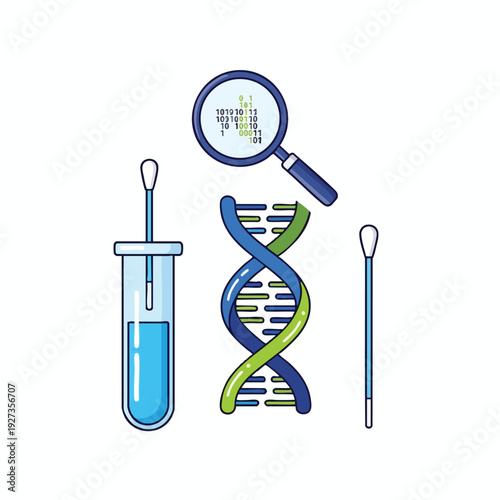 Scientific Laboratory Equipment with DNA Double Helix and Test Tube for Biotechnology Research